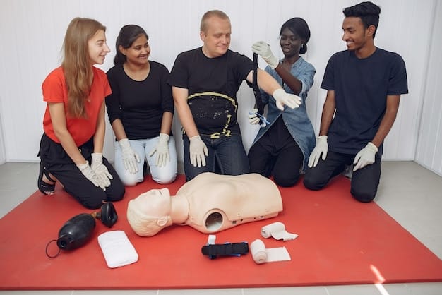 A classroom setting where a diverse group of people are participating in a CPR and first aid training session. An instructor is demonstrating techniques on a mannequin.