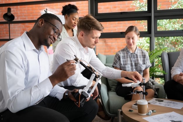 A medium shot of a group of diverse office workers participating in an active shooter drill. They are practicing barricading a door with furniture. The atmosphere is serious but collaborative, with the workers focused intently on the task, demonstrating teamwork in a high-stress situation. The lighting is bright and professional, typical of an office environment.