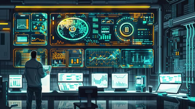 A security operations center (SOC) with analysts monitoring dashboards displaying network traffic, security alerts, and threat intelligence feeds. The scene is high-tech and conveys a sense of vigilance and proactive threat detection.