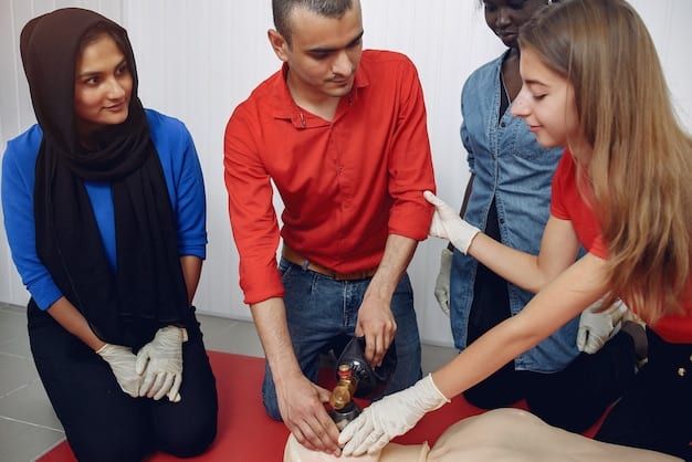 CERT volunteers practicing bandaging techniques on a simulated injury during a disaster medical operations training session.