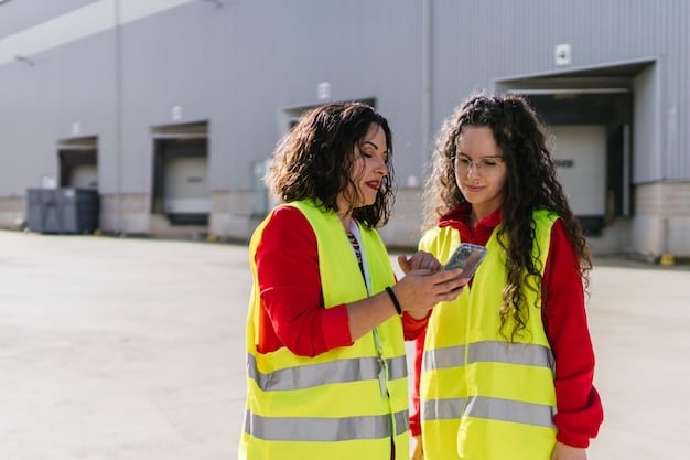 A female CERT volunteer using a two-way radio to communicate with her team during a simulated earthquake disaster scenario on a city street.