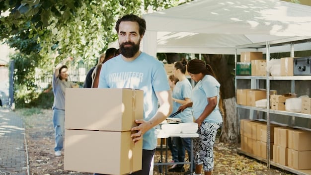 People receiving supplies from a FEMA distribution center after a hurricane, showing volunteers handing out water, food, and blankets to affected residents. The image focuses on the immediate relief efforts provided by FEMA.