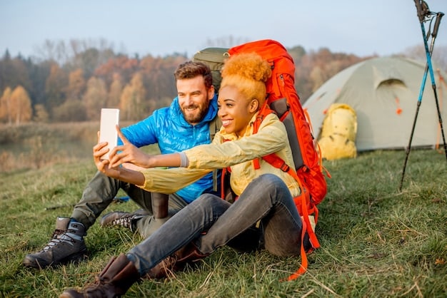 A family using walkie-talkies during a camping trip, with a tent and campfire in the background. They are smiling and appear to be practicing their emergency communication plan.
