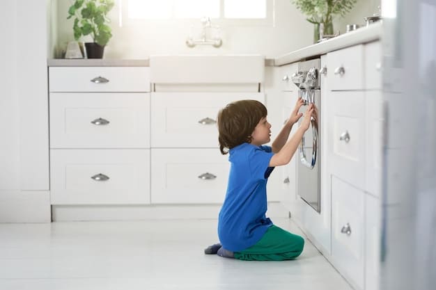A kitchen scene with child safety locks on cabinets and drawers, hazardous cleaning supplies stored out of reach on a high shelf, and a first-aid kit clearly visible and accessible.