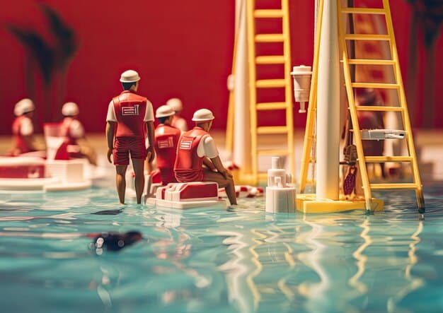 A lifeguard on duty, attentively scanning a crowded swimming pool. The lifeguard is wearing a red uniform and is positioned on a raised chair for better visibility.