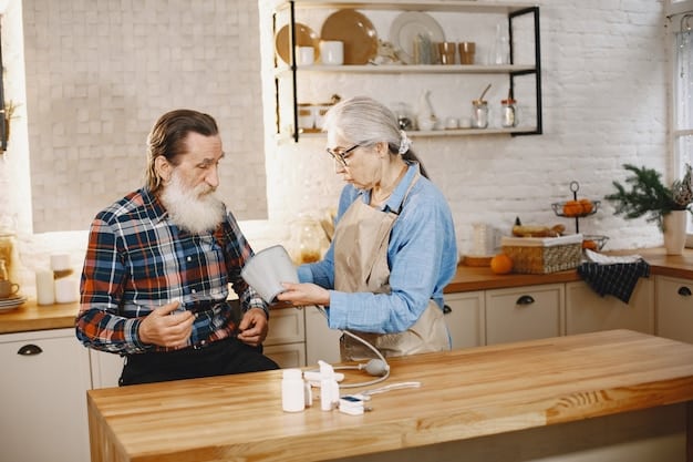 A senior citizen sitting at a table with a younger person, possibly a family member or caregiver, reviewing an emergency preparedness checklist. They are surrounded by emergency supplies.
