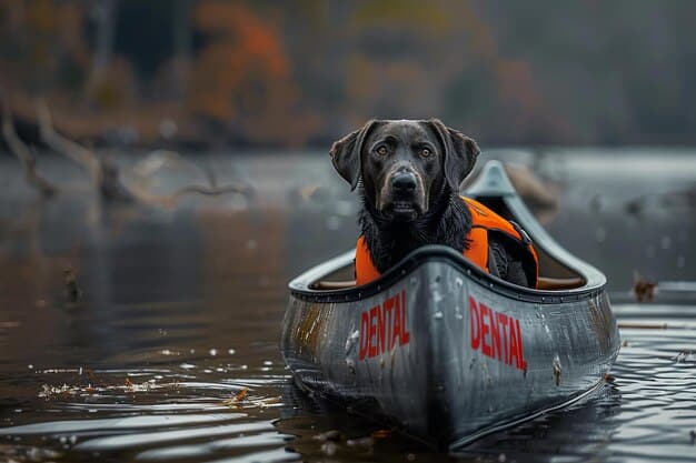 A dog wearing a life vest sitting in a small boat during a flood evacuation.