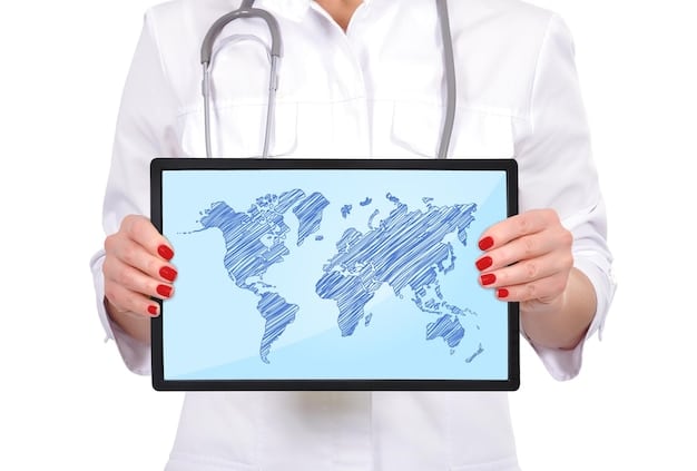 A digital tablet showing a webpage for the World Health Organization (WHO) is held by a person in a public setting. The screen displays current health information, while the background is deliberately blurred to maintain focus on the device and its content.