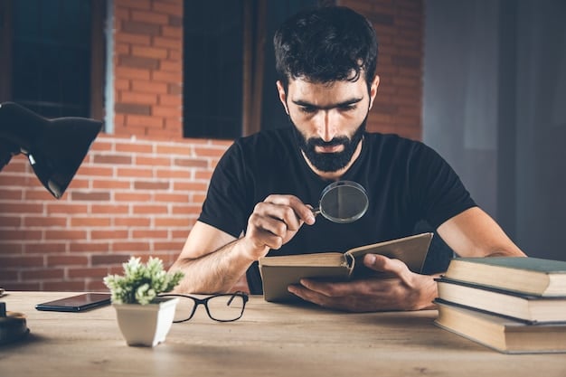 A person is seen using a magnifying glass to carefully inspect a news article on a desk. The scene indicates a deliberate and detailed investigation of the information presented in the article.