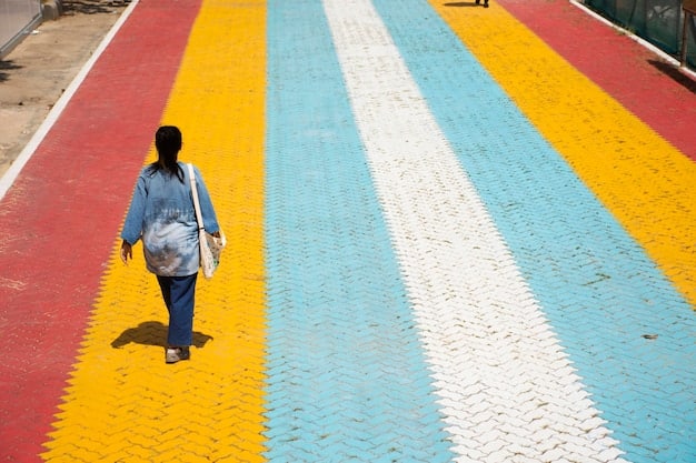 A newly constructed raised crosswalk in front of a school. The crosswalk is brightly painted with high-visibility markings. There are bollards on either side of the crosswalk to protect pedestrians.