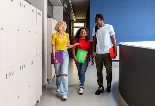 A school resource officer (SRO) interacting positively with a group of diverse high school students in a hallway. The SRO is smiling and appears approachable, creating a friendly atmosphere.