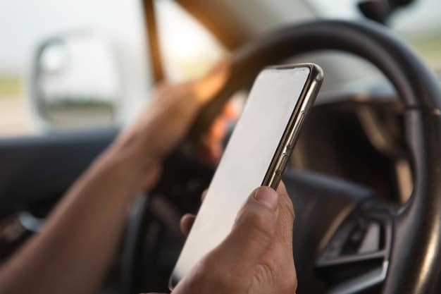 A close-up shot of a driver's hands texting on a phone while driving in a school zone. Children are visible in the background, blurred, walking on the sidewalk. The image should be cautionary, emphasizing the danger of distracted driving.