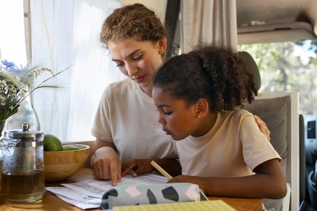 A close-up shot of a volunteer teacher's assistant helping a young student with a reading exercise in a classroom. The focus is on the interaction between the volunteer and the student, with a warm and encouraging atmosphere.