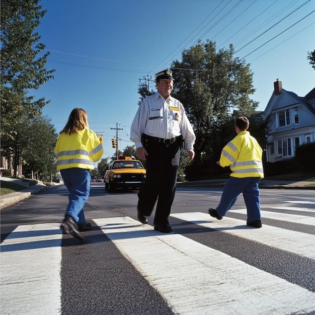 A group of professionals (traffic engineers, law enforcement, school administrators) conducting a school zone safety audit, examining crosswalk markings and traffic flow. Participants are wearing safety vests and holding clipboards.