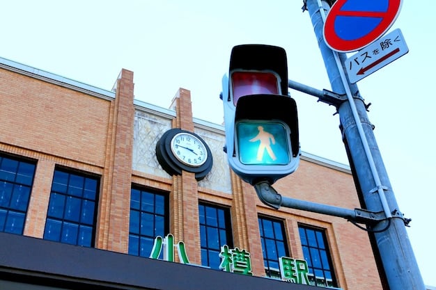 A close-up of a school zone sign with flashing lights, indicating reduced speed limits during school hours. Focus on the sign and the surrounding street with visible crosswalks.