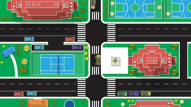 Aerial view of a school zone with designated drop-off and pick-up zones, showing an organized flow of traffic and pedestrians. Focus on the layout and efficiency of the zones.
