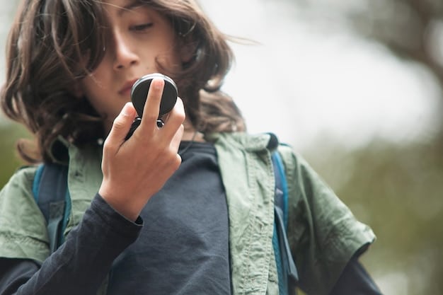 A close-up of a child using an asthma inhaler. The background shows a blurry image of a school playground with other children playing, partially obscured by smog.