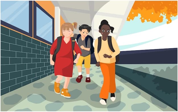 A group of students crossing a street at a crosswalk near a school. There are crossing guards present and clear signage indicating a school zone, emphasizing safety measures in place.