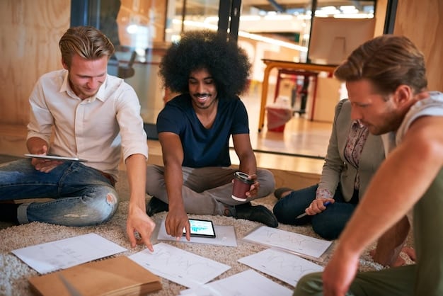 A group of diverse community members smiling and working together around a table piled with documents and maps, indicating collaborative planning for school zone improvements.