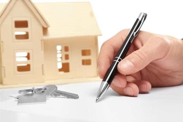A close-up of a hand holding a house key, with a contract and a pen lying on a table in the background, symbolizing the decision-making process of refinancing.