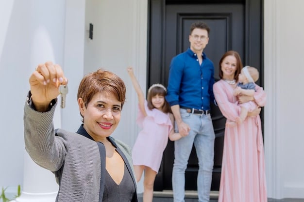 An image depicting a family receiving keys to their new home from a real estate agent in front of a suburban house, emphasizing the support of federal programs.