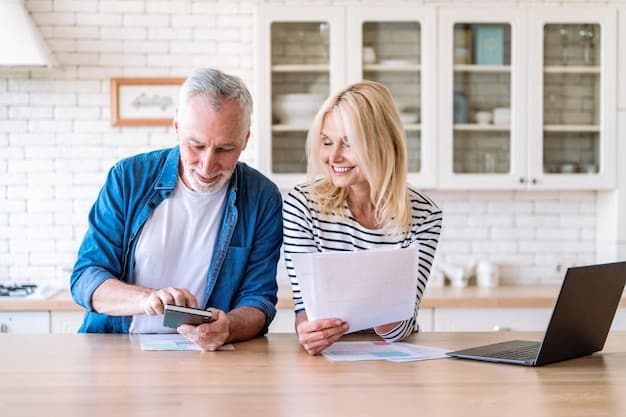 A happy senior citizen couple looking at paperwork, representing the potential benefits of property tax exemptions for seniors.
