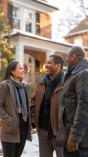 A diverse group of people looking at houses with a real estate agent on their phones, discussing mortgage rates and affordability. The scene emphasizes the challenges faced by potential buyers in a rising interest rate environment.