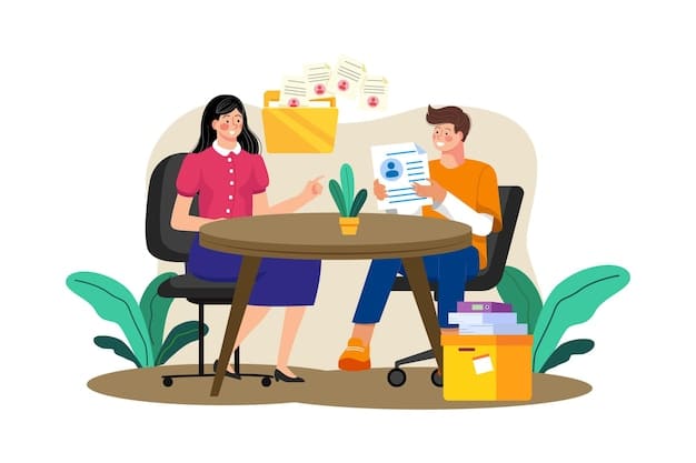 A buyer and seller sitting at a table, engaged in a friendly negotiation, with documents spread out between them.