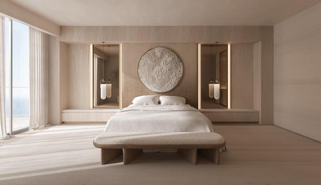 A master bedroom staged with a neutral color palette, luxurious bedding, and soft lighting. Wall art is minimal and tasteful, creating a serene and relaxing atmosphere.