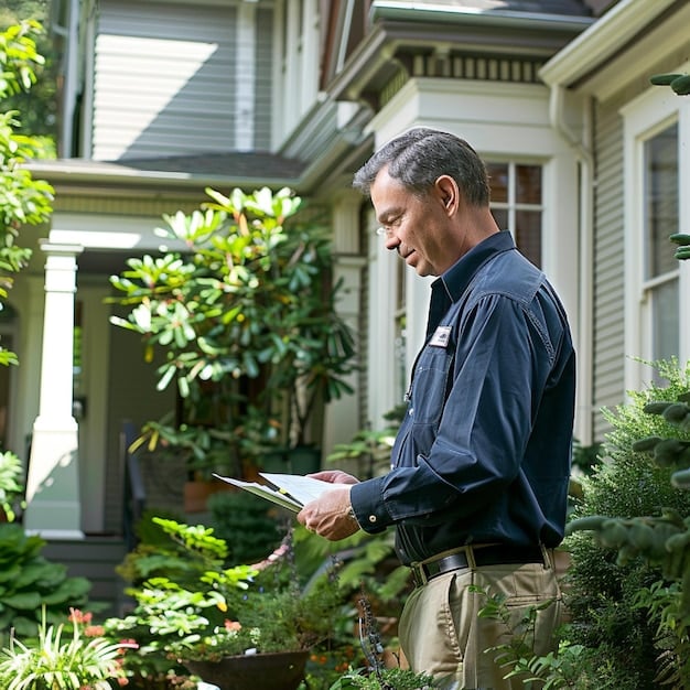 A property manager inspecting the exterior of a house, checking the roof, siding, and landscaping for any signs of damage or disrepair. The manager is using a tablet to document their observations, conveying thoroughness and attention to detail.