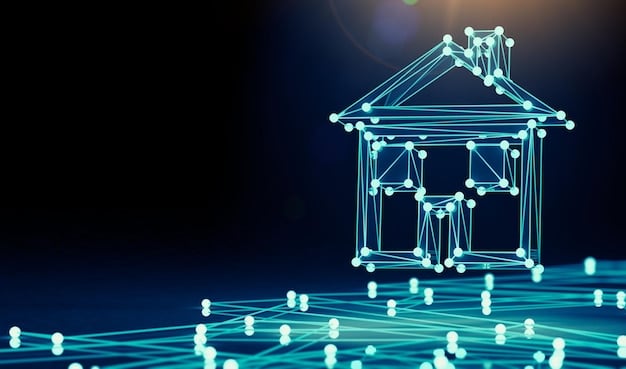 A digital representation of blockchain nodes forming a network over a modern house, symbolizing secure and transparent real estate transactions.