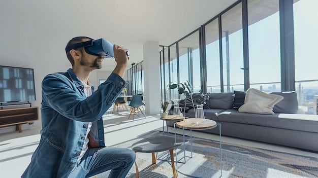 A person wearing a VR headset, immersed in a virtual tour of a modern apartment, with digital furniture overlays visible in the scene.