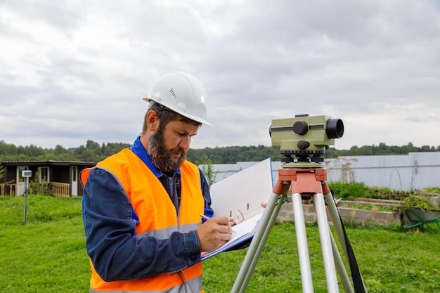 A professional land surveyor using surveying equipment to measure and map a plot of land in a rural setting. The surveyor should be dressed in appropriate safety gear, and the surrounding environment should include natural features such as trees, hills, and vegetation.