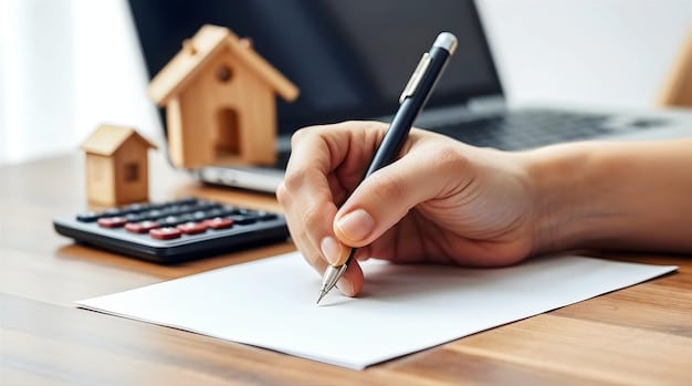 A close-up shot of hands signing a mortgage pre-approval document, with a pen and calculator on the table.