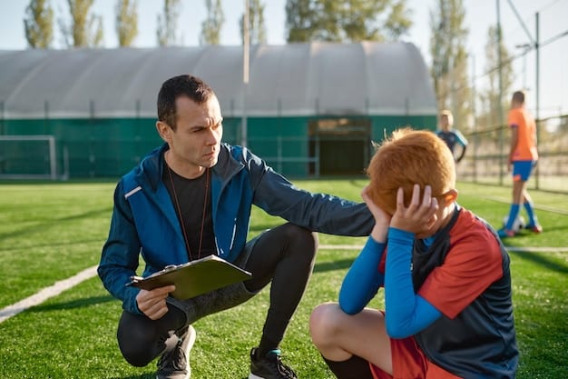 A doctor or athletic trainer conducting a concussion assessment on a young football player, using a tablet or other diagnostic tool. The image highlights the importance of professional medical evaluation.
