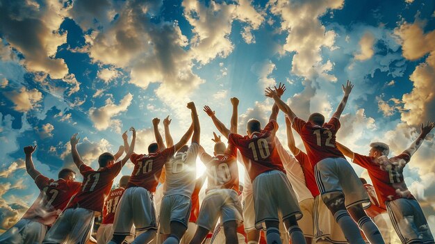 A split image featuring a high school football team celebrating a victory on the left side, and a high school esports team celebrating a win on the right side. The image illustrates the parallel experiences of teamwork, dedication, and accomplishment in both traditional sports and esports.