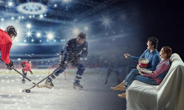 A family sitting in the stands, watching their child play hockey during a tournament. The father is looking on with pride, while the mother is checking expenses on her phone, capturing the mix of joy and financial responsibility that comes with supporting their child's hockey aspirations.