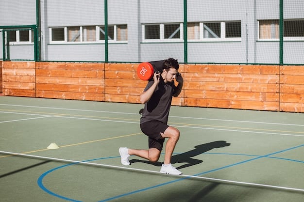 A high school basketball player dribbling the ball on the court during a game, with bright stadium lights shining down. The player is focused and determined, wearing their team uniform, and the crowd is blurred in the background.