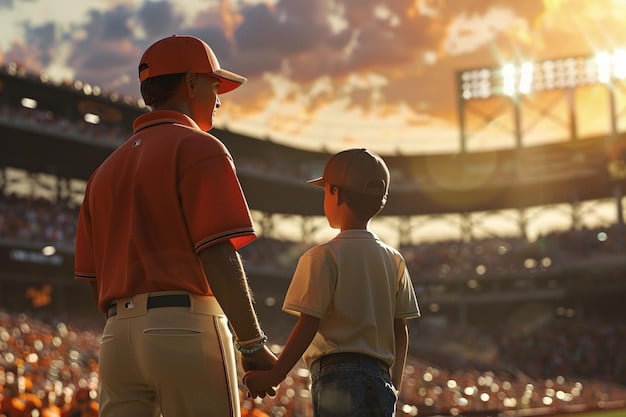 A heartwarming image of a father coaching his son during a youth baseball practice. The focus is on the positive interaction between them, with the father offering encouragement and guidance.