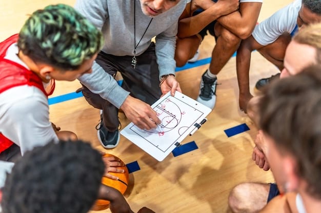 A group of volunteer coaches brainstorming ideas for a youth sports league in a community center. The scene emphasizes collaboration and planning.