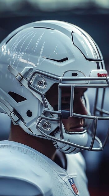 A close-up shot of a smart helmet designed for youth football. The helmet is equipped with sensors that detect and measure the impact force during collisions. The backdrop shows a blurred scene of a football field during a game.