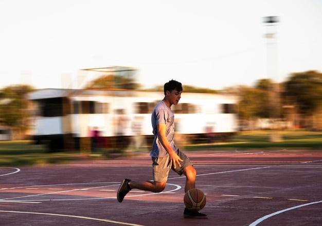 A young athlete dribbling a basketball while another one runs hurdles, illustrating the diverse athletic skills acquired through participation in multiple sports. The image highlights the development of agility, coordination, and overall fitness.