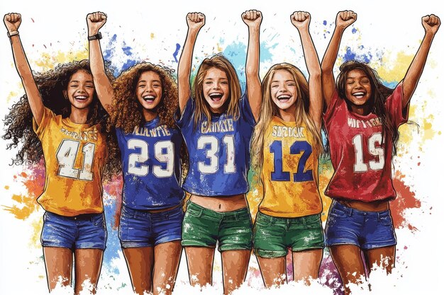 A group of girls' flag football players celebrating a touchdown. They are high-fiving each other with smiles and clear comradery. The background shows the field and other players congratulating them.