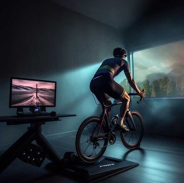A young athlete participating in a virtual cycling race using an indoor bike and a screen displaying the virtual course.