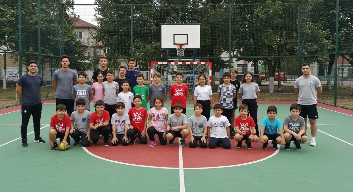 Niños y adolescentes participando en una clínica deportiva en una cancha recién renovada, simbolizando el impacto de las subvenciones en el deporte juvenil.