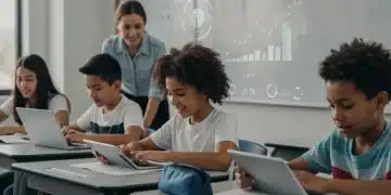 Estudiantes utilizando herramientas digitales educativas en un aula moderna, con gráficos de análisis de datos de fondo.