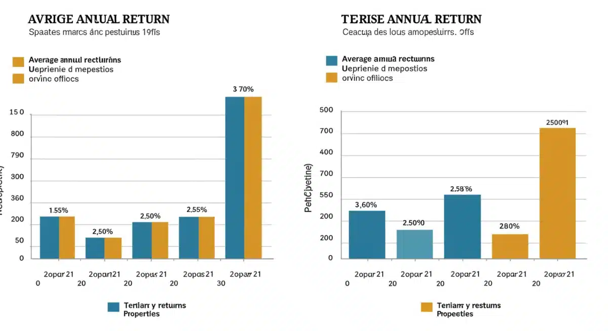 Gráfico comparativo del rendimiento anual de propiedades residenciales y terciarias en España durante los últimos tres años.