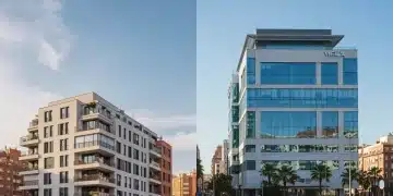 Edificio residencial moderno y edificio de oficinas comercial en España, representando la comparación de inversión inmobiliaria.