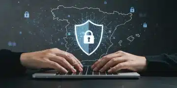 Persona protegiendo datos con escudo digital en España