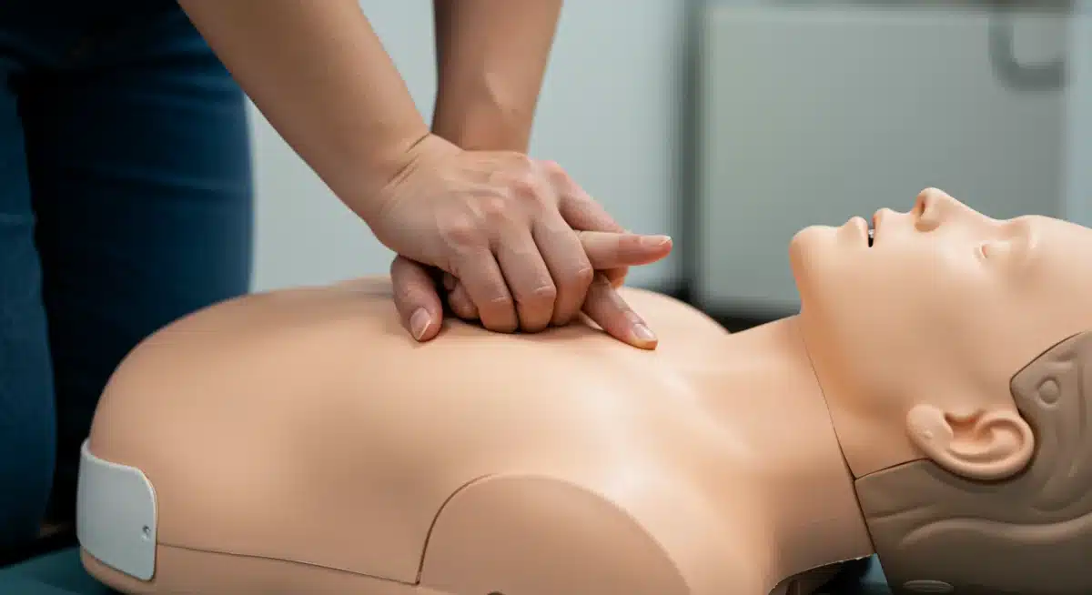 Manos realizando compresiones de RCP en un maniquí durante entrenamiento